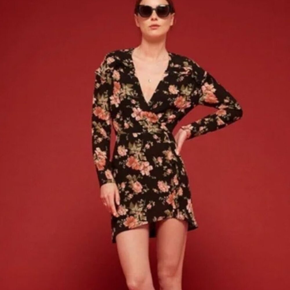 NEW! Reformation 6 Elodie Long Sleeve Wrap Mini Dress Baroque Floral Print Black